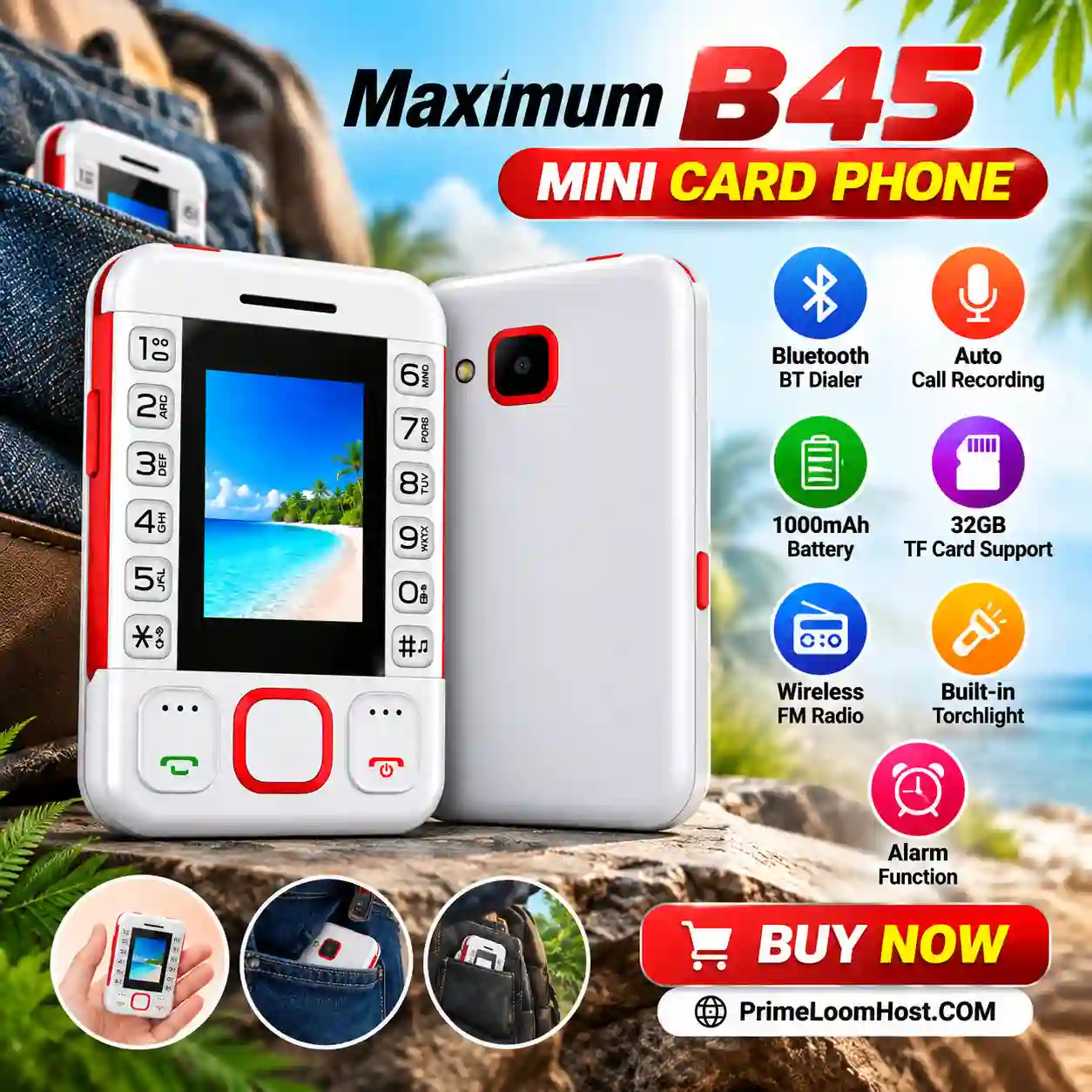 Key features of the Maximum B45 Mini Card Phone at a glance.